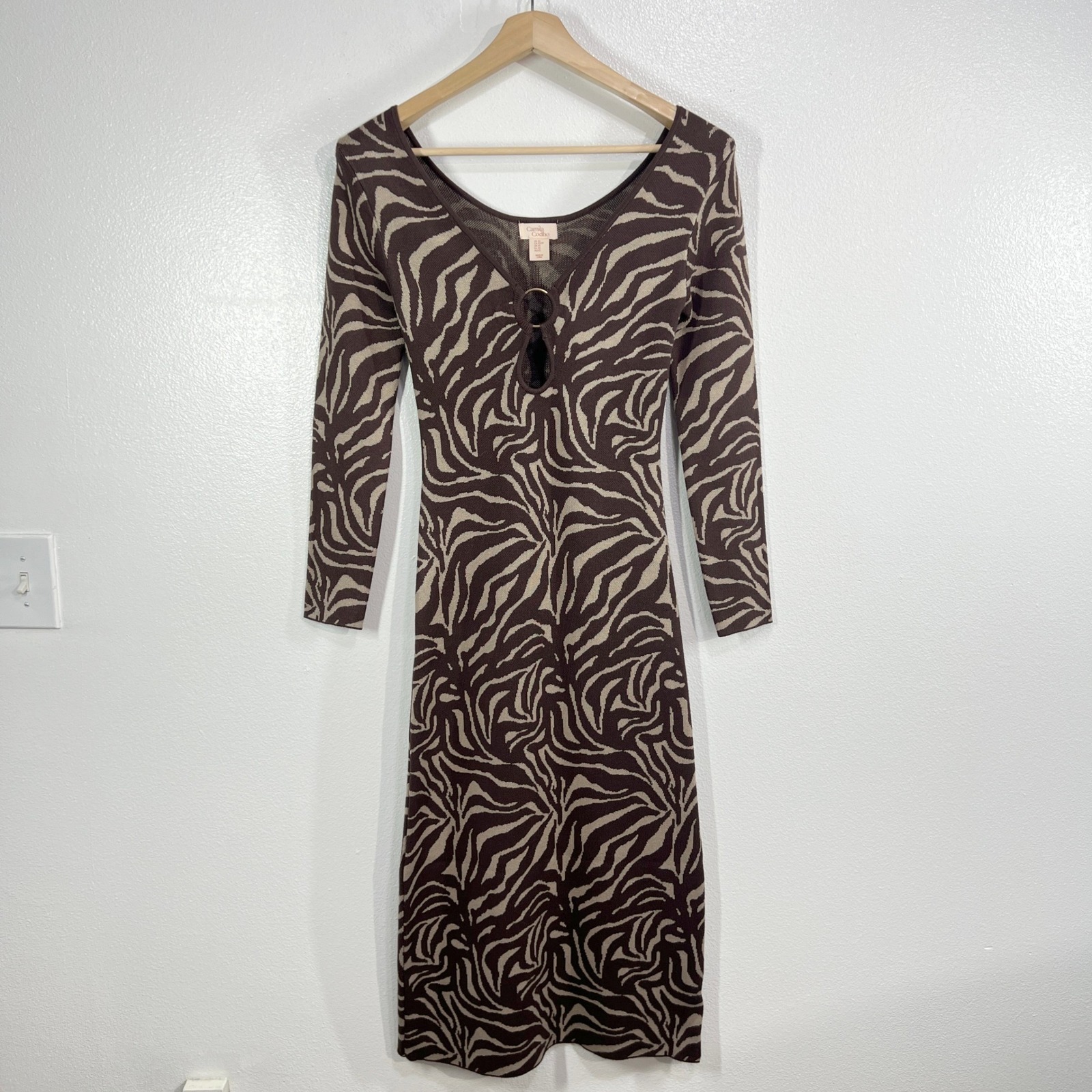 Camila Coelho Zebra Print Bailee Midi Sweater Dress Xs Brown Keyhole Bodycon